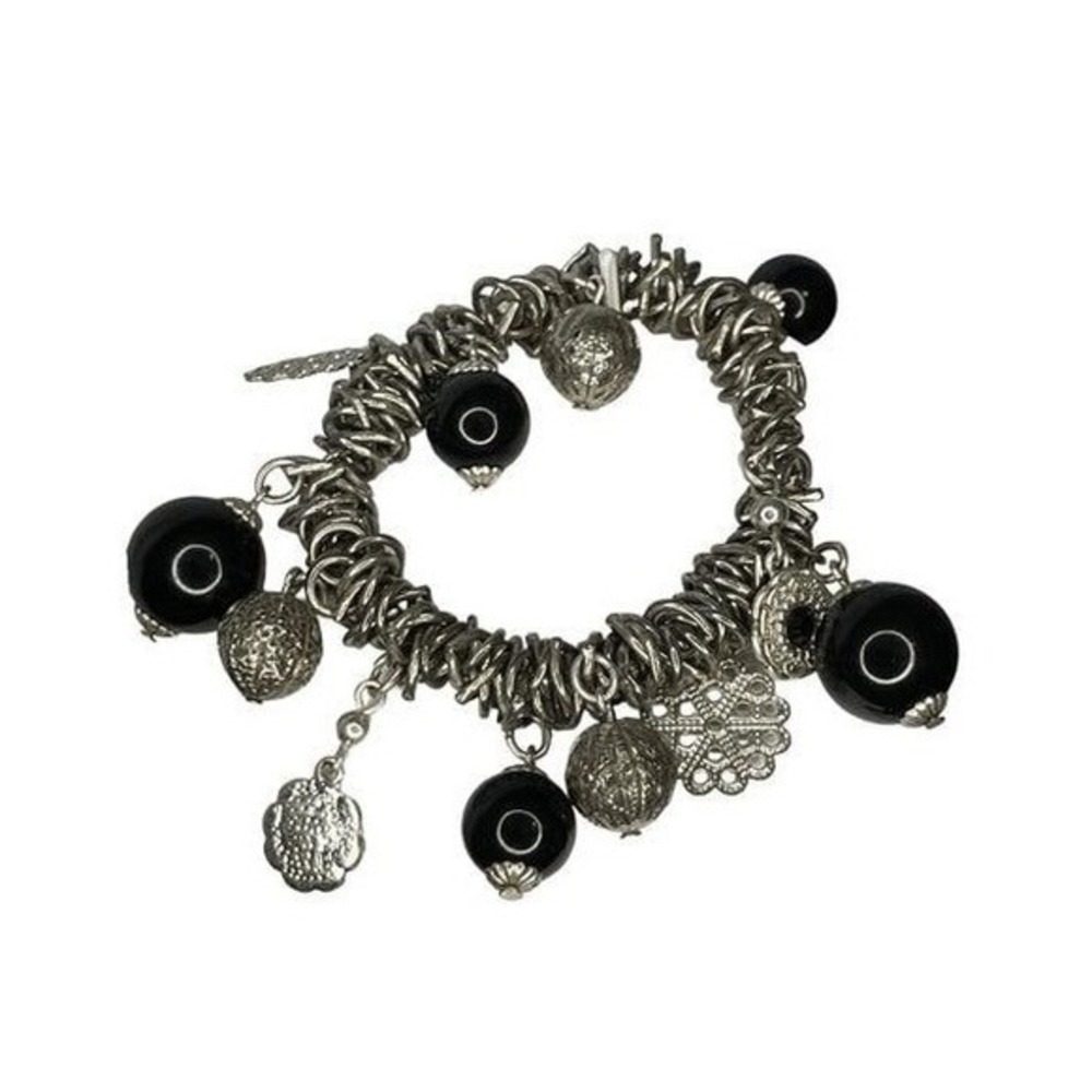 Vintage Beaded Bracelet Black Silver‎ Tone Metal Chain Link Plastic Metal Beads